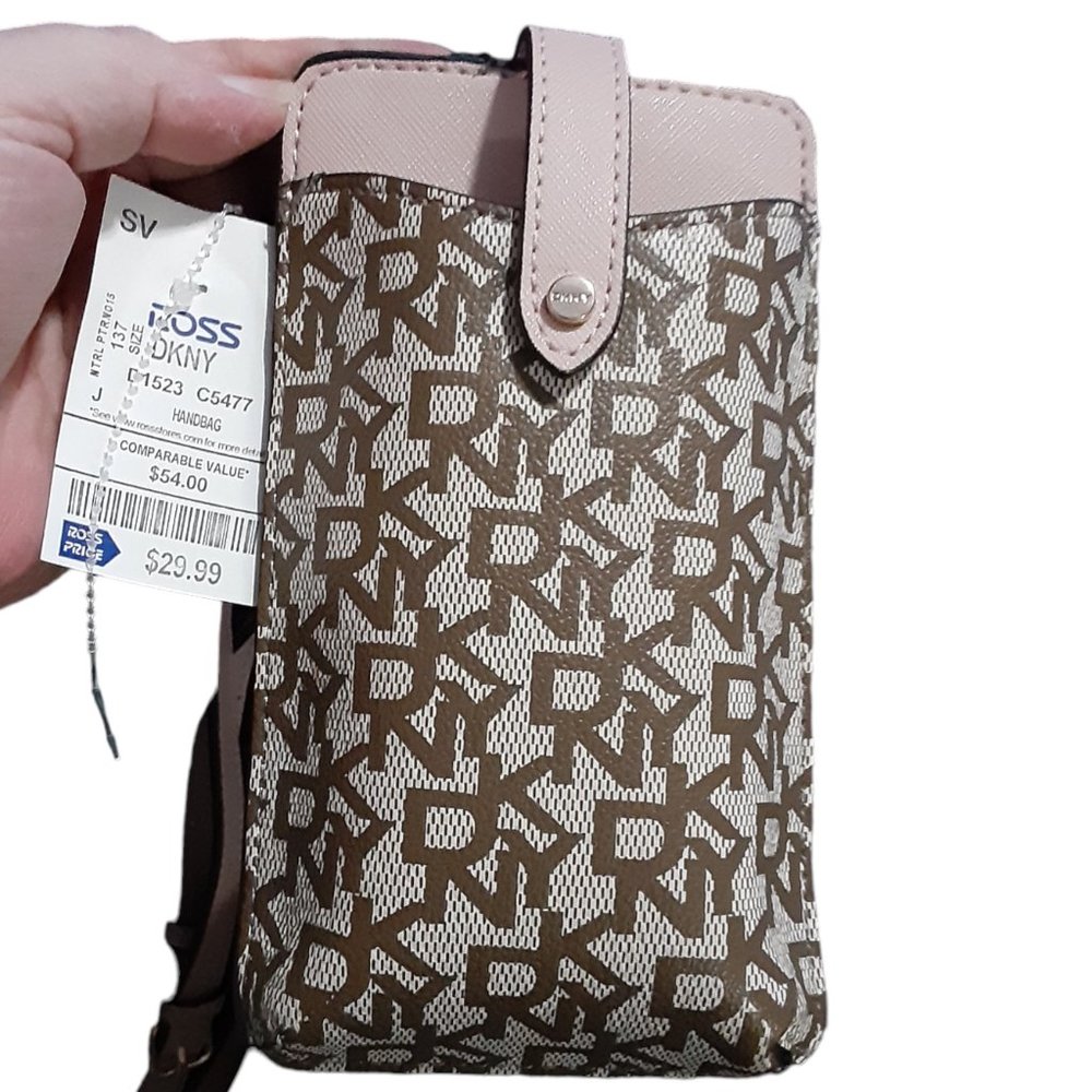 DKNY Crossbody Cellphone Holder Hard Case Pink Gold Logo